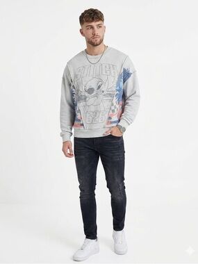Disney Light Gray Stitch Graphic Crewneck Sweatshirt with Blue and Orange